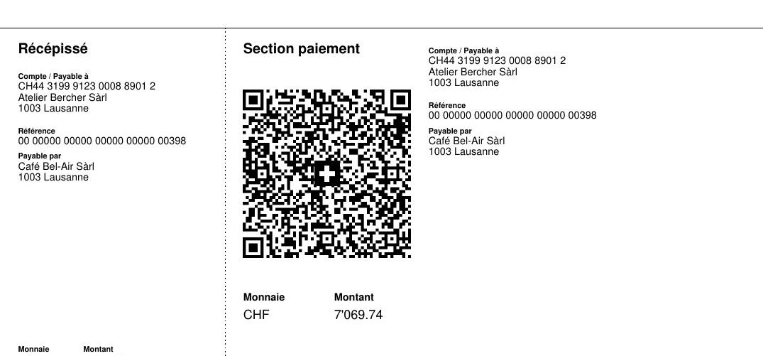 Die Schweizer QR-Rechnung am Fuss der Rechnung: Empfangsschein, Zahlteil, QR-Code mit Schweizerkreuz, Referenz, Zahlbar durch, Währung und Betrag.